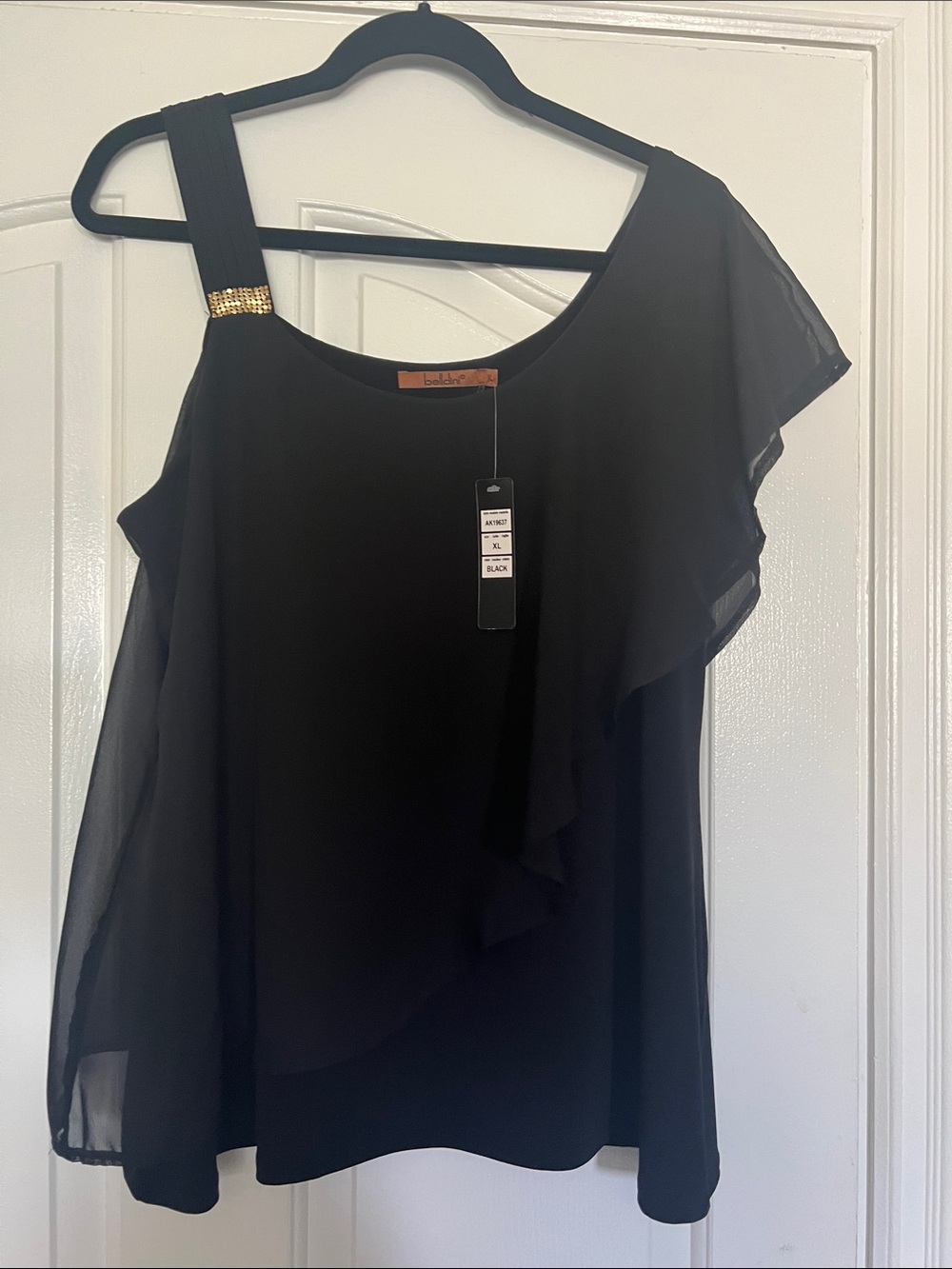 Belldini Black One-Shoulder Ruffle Top with Gold Accent Strap
